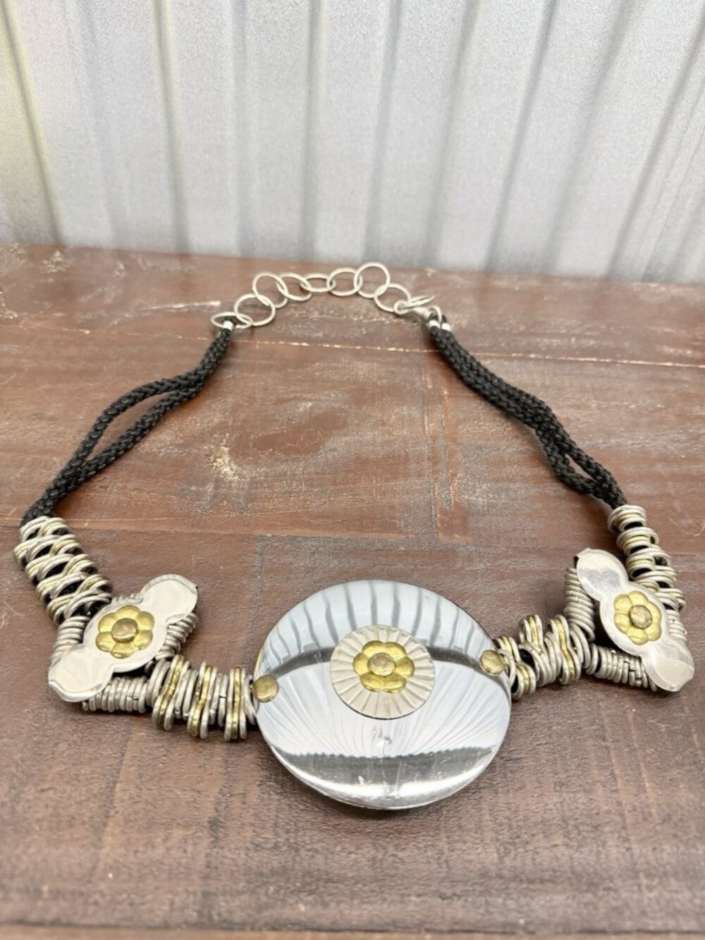 Floral Medallion Chain Belt 35” Black Braided Cord Silver Gold Tone Boho Vintage